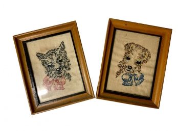 Pair Of Hand Embroidered Antique Dog Portraits Framed