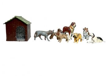 Lot Of Eight Antique Dog Miniatures And Doghouse