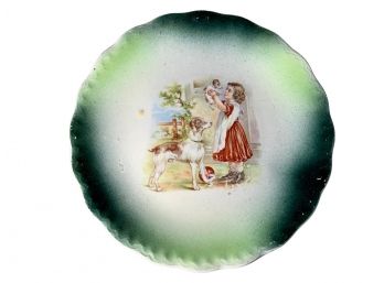 Antique Porcelain Dish With Dog And Girl