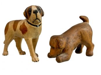 Pair Of Carved Wood Dogs St Bernard And Labrador