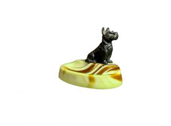 HouzeX Yellow Slag Glass Ashtray Scottie Dog Top