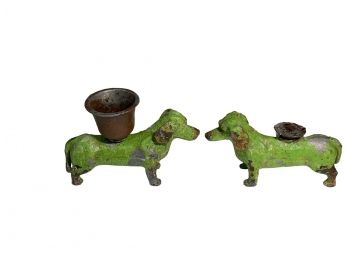 Pair Of Antique Cast Iron Dachshund Candle Holders