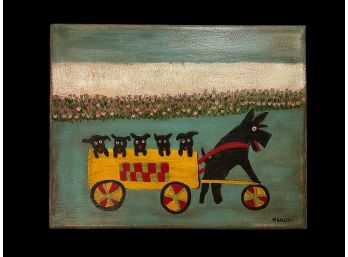 Signed Folk Art Hand Painted Oil On Canvas Of Dogs And Wagon