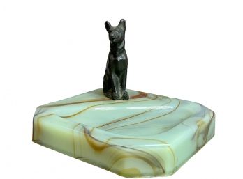 Antique Jadeite Slag Glass German Shepard Dog Ashtray.