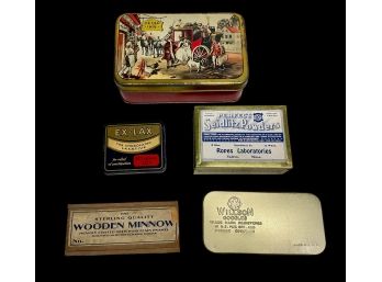 Five Vintage And Antique Advertising Tins Ex Lax Willson Goggles Sterling Quality Wooden Minnow Seidlitz