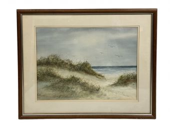 Vintage Watercolor Of Beach Dunes Seagulls And Ocean Unsigned