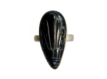 Sterling Carved Black Stone Or Jet Glass Ring