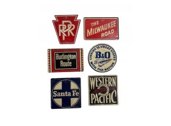 Six Small Vintage Tin Railroad Signs PRR Santa Fe Milwaukee Road Western Pacific Burlington Etc