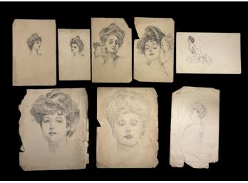 Art Nouveau Pencil Sketches Of Women Portraits Signed EPW