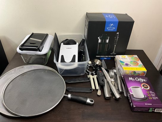 Mixed Kitchen Lot With New French Press And Milk Frother