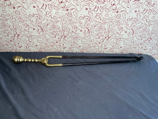 Antique Fireplace Iron Tongs With Brass Handles