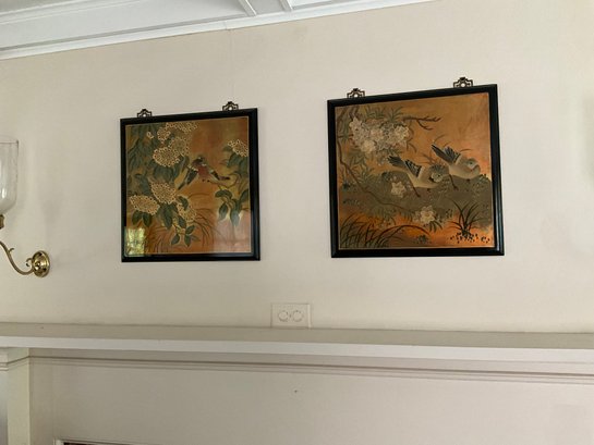 Pair Of Lacquered Asian Wall Hangings Golden Foil Art