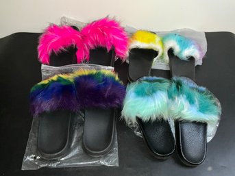 4 Pairs Of Colorful Fluffy Sliders