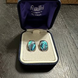 Pair Of Ariki Rhodium Plate BZ Paua Clip Om Earrings New In Box