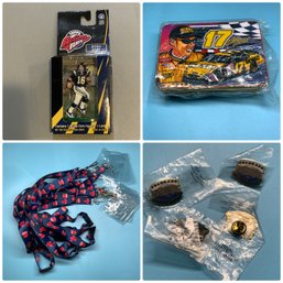 Sports Lot With NASCAR Tin, Red Sox Lanyards, Hockey Pins And A Ryan Leaf Figure
