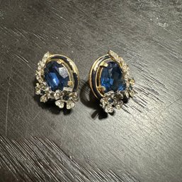 Vintage Trifari Sapphire And Diamond Stone Clip On Earrings