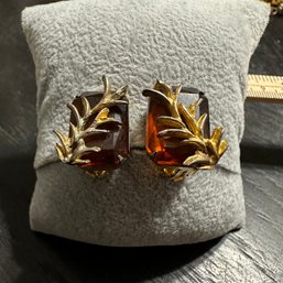 Gold Tone Leaf Over Yellow Amethyst Alice Caviness Earrings