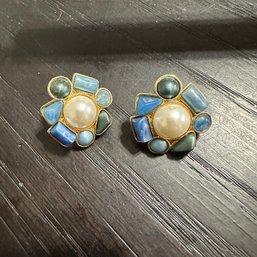 Vintage Pearl And Stone Gold Stud Earrings