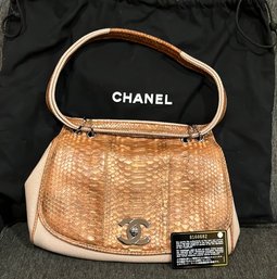Chanel Python Flap Shoulder Bag Beige Snakeskin Leather And Canvas With CC And Dustcover