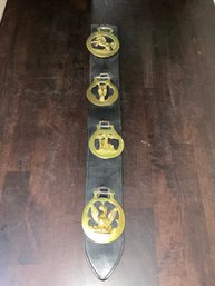Leather Horse Hanging Strap With 4 Brass Medallions