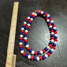 Vintage Red, White And Blue Bead Necklace With Gold Tone Clasp