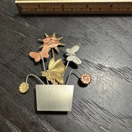 Vintage 1990s Brooch Handmade Spring Flower Pot Sun Butterflies Multi Tone Metals