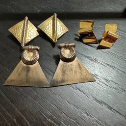 3 Pairs Of Art Deco Copper And Gold Earrings