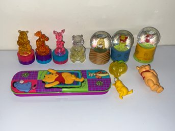 Group Of Winnie The Pooh Mini Snow Globes, Toys And Stamps