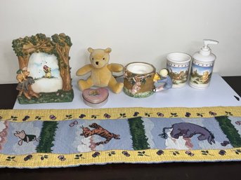 Winnie The Pooh Lot With Plush, Tapestry, Bathroom Vanity Items And Picture Frame