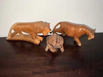 Carved Wooden Lion, Turtle And Leopard