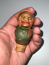 Vintage Hand Carved Wine Bottle Stopper Painted Wood Mechanical Puppet