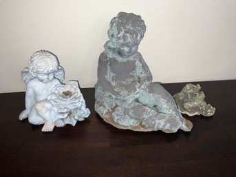 2 Garden Cherub Statues And Frogs