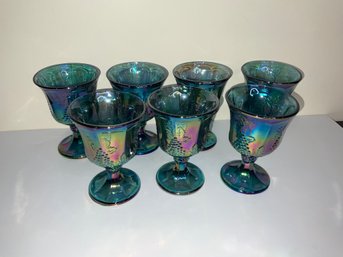 Set Of 7 Iredescent Carnival Glass Goblets