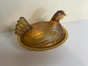Vintage Amber Glass Covered Chicken Bowl Slightly Iridescent