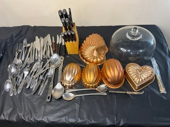 Kitchen Lot With Utensils, Cutlery, Copper Molds And Glass Cake Cover