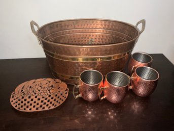 Metal Lot With Mule Cups, Trivet And Large Basket