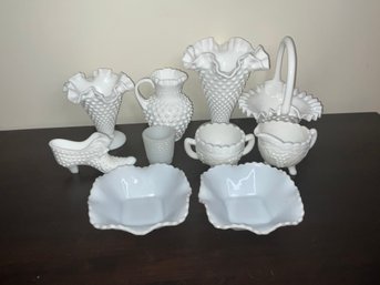 Vintage Milk Glass Lot With Vases, Bowls, Baskets And Shoes