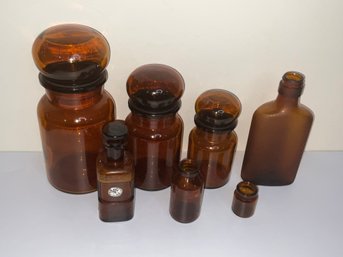 Vintage Brown Glass Canister Lot With Bottles