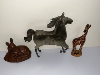 Hand Carved African Giraffe, Metal Horse And A Fawn