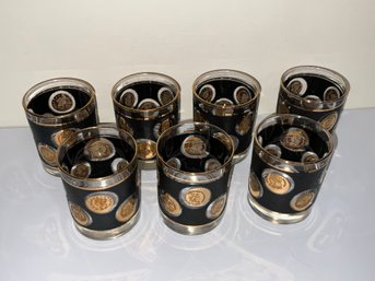 LIBBEY GLASS COMPANY Gold Coins 7 Tumbler Set Textured Black & Gold Trim