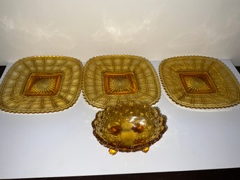 Vintage Yellow Amber Glassware Plates And Footed Candy Dish