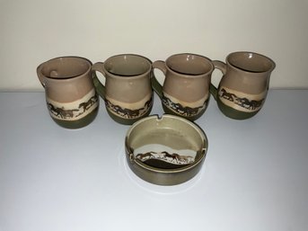 Glazed Pottery 4 Horse Mugs And Ashtray