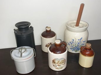 Group Of Crocks, Cermic Milk Jug And A Butter Churn