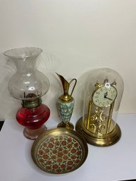 Vintage Oil Lamp,enamelware And A Clock