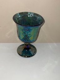 Indiana Glass Blue Harvest Grape 1 Water Wine Goblet Iridescent Carnival Glass