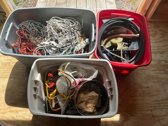 3 Totes Of Cords, Wires And Other Garage Items