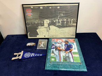 Sports Collectibles Lot With A Marino/Bledsoe Photo Plaque, Nomar Card, Vintage Rice Pennant And More