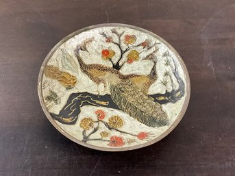Vintage Brass Trinket Pedestal Dish With Peacock