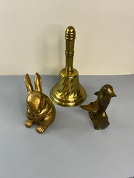 Brass Bell And Dolphin Plus A Gold Tone Painted Bunny