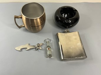 Barware Lot With Ashtray, Flask Bottle Openers And Mule Cup